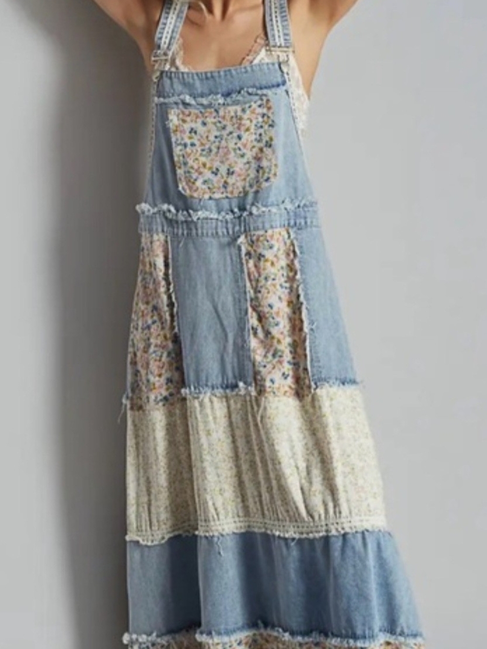 POL Light Blue Denim and Cream Floral Patchwork Overall Dress